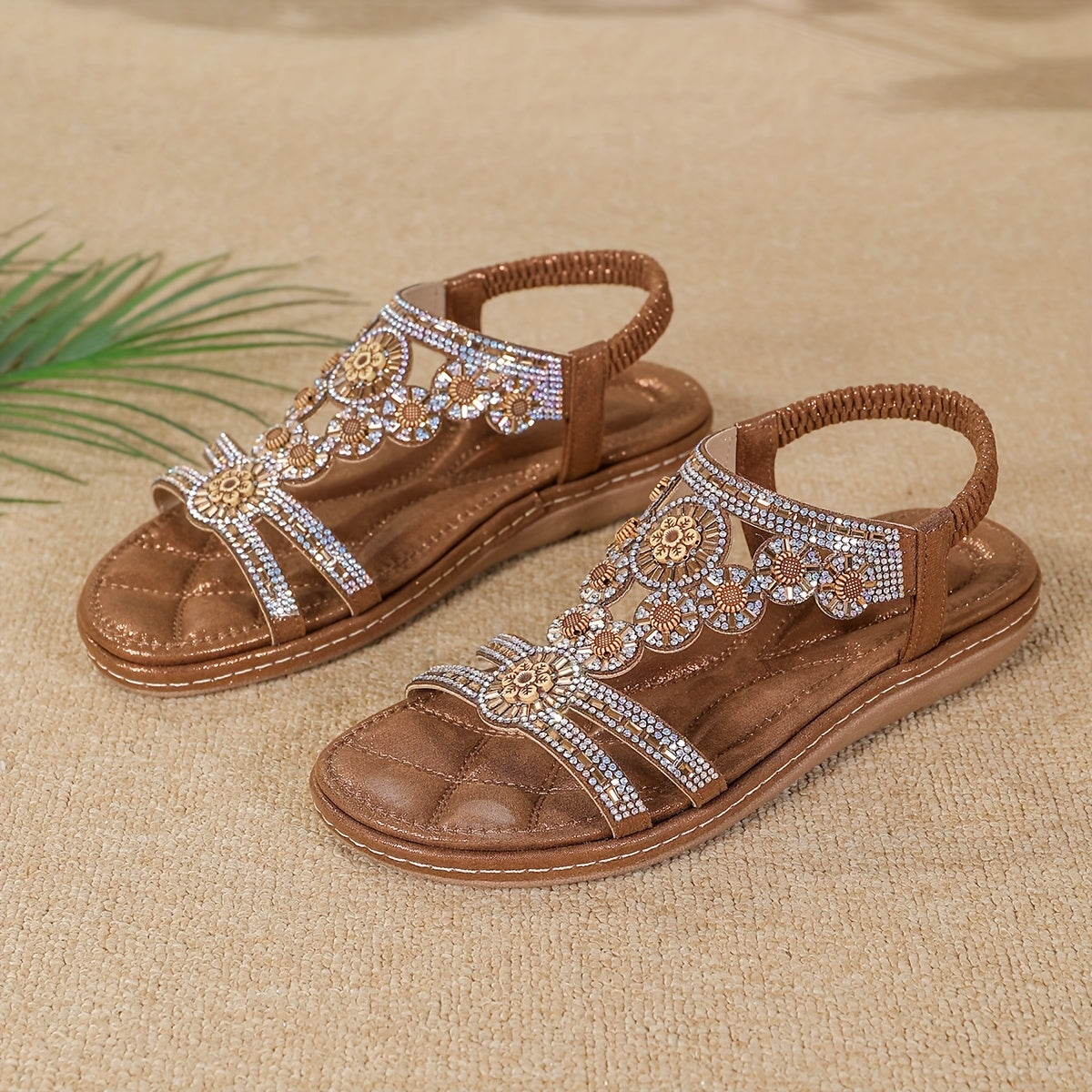 Bohemian Floral Rhinestone Women's Flat Sandals for Beach Wear