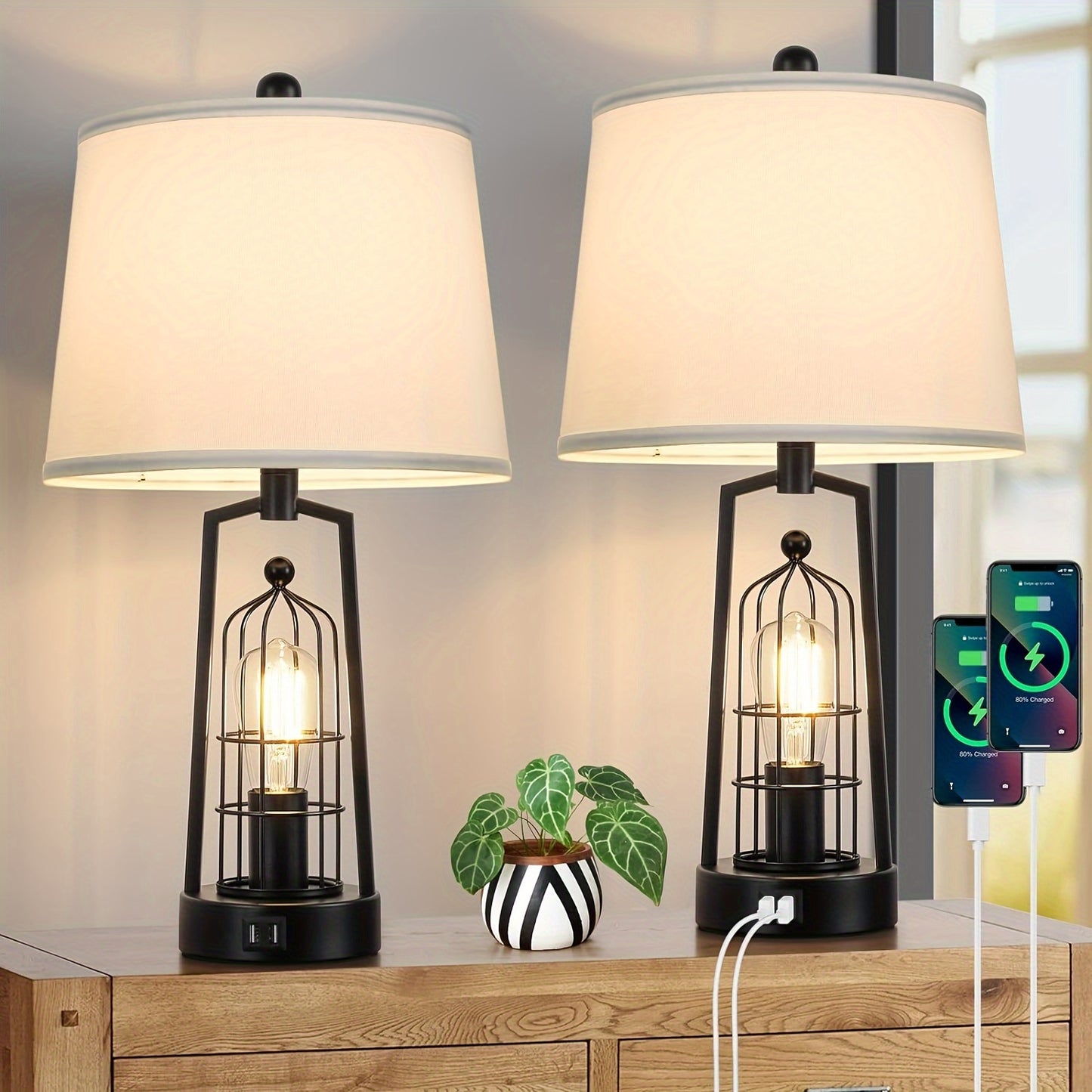 Rustic Farmhouse Table Lamps with USB Ports for Stylish Decor