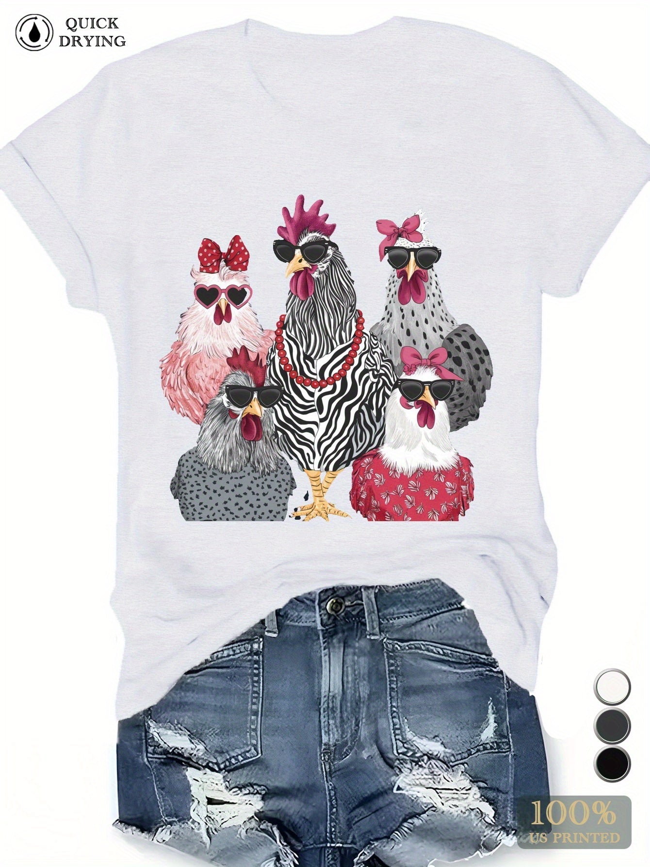 Chic Geometric Chicken Print Casual Crew Neck T-Shirt