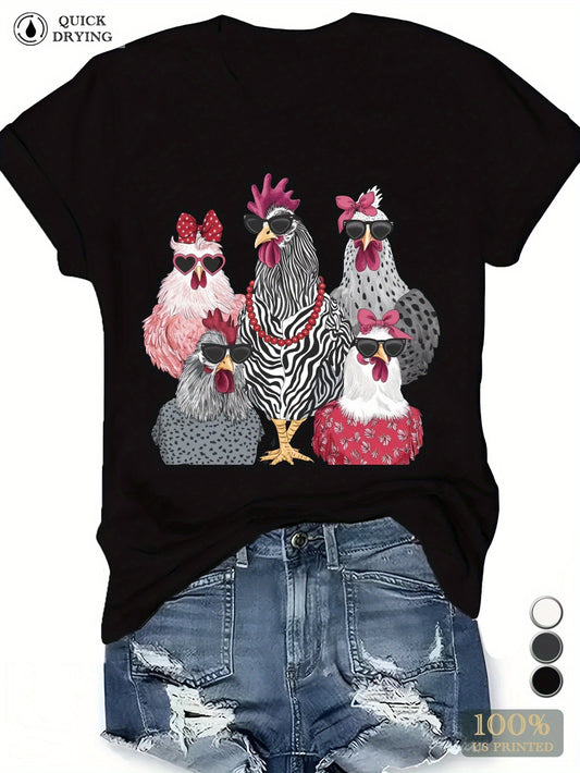 Chic Geometric Chicken Print Casual Crew Neck T-Shirt
