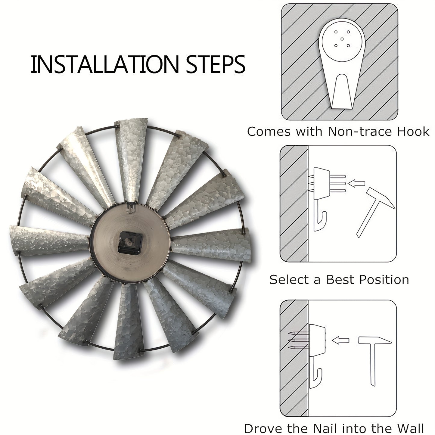 Large Farmhouse Decor Metal Clock for Home and Kitchen