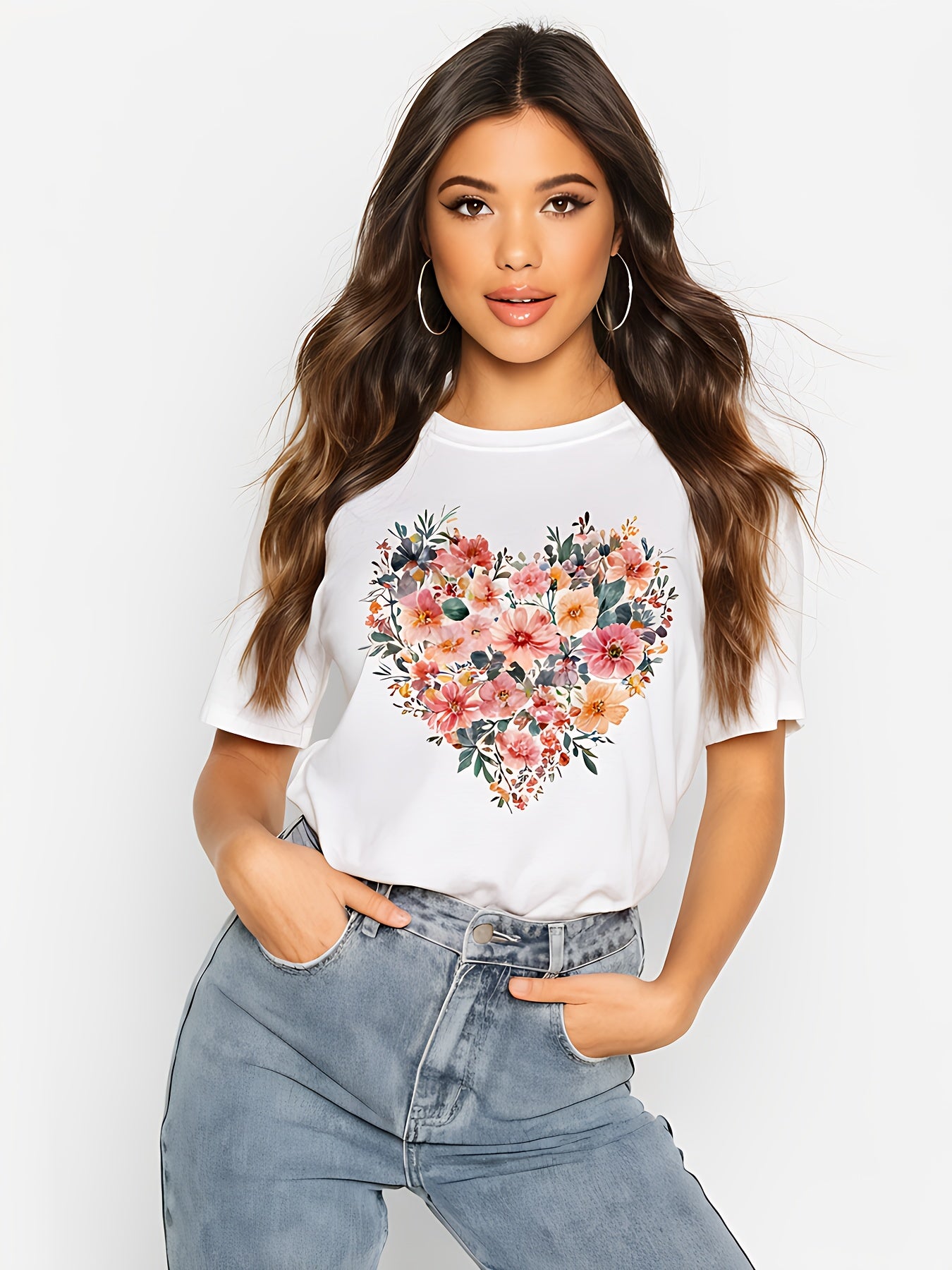 Floral Print Crew Neck T-Shirt for Women Casual Style