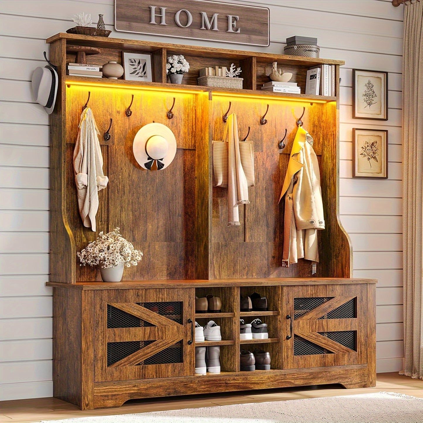 5-in-1 Hall Tree Bench with Shoe Storage and Coat Rack