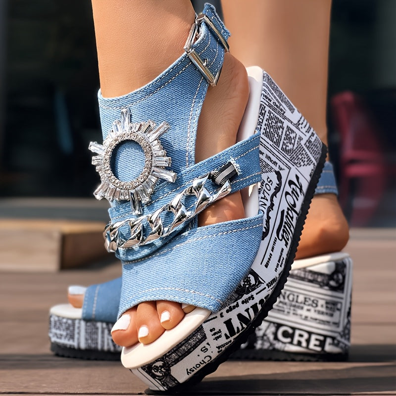 Newspaper Buckle Denim Wedge Slippers for Stylish Comfort