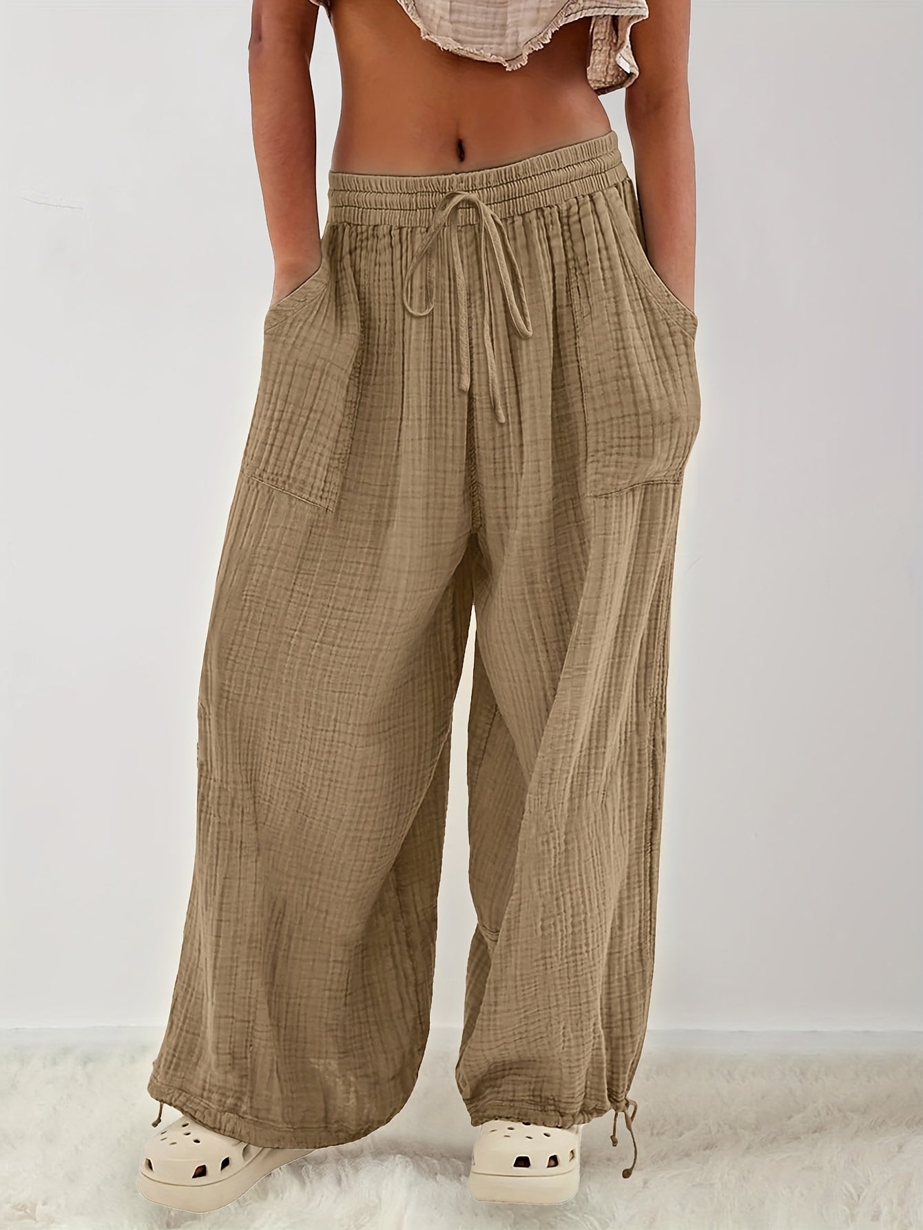 Chic Women's Loose Trousers with Diagonal Pockets and Lace-up Design