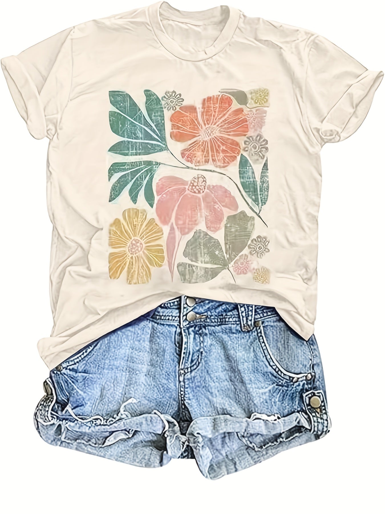 Floral Print Crew Neck T-Shirt for Women Casual Style