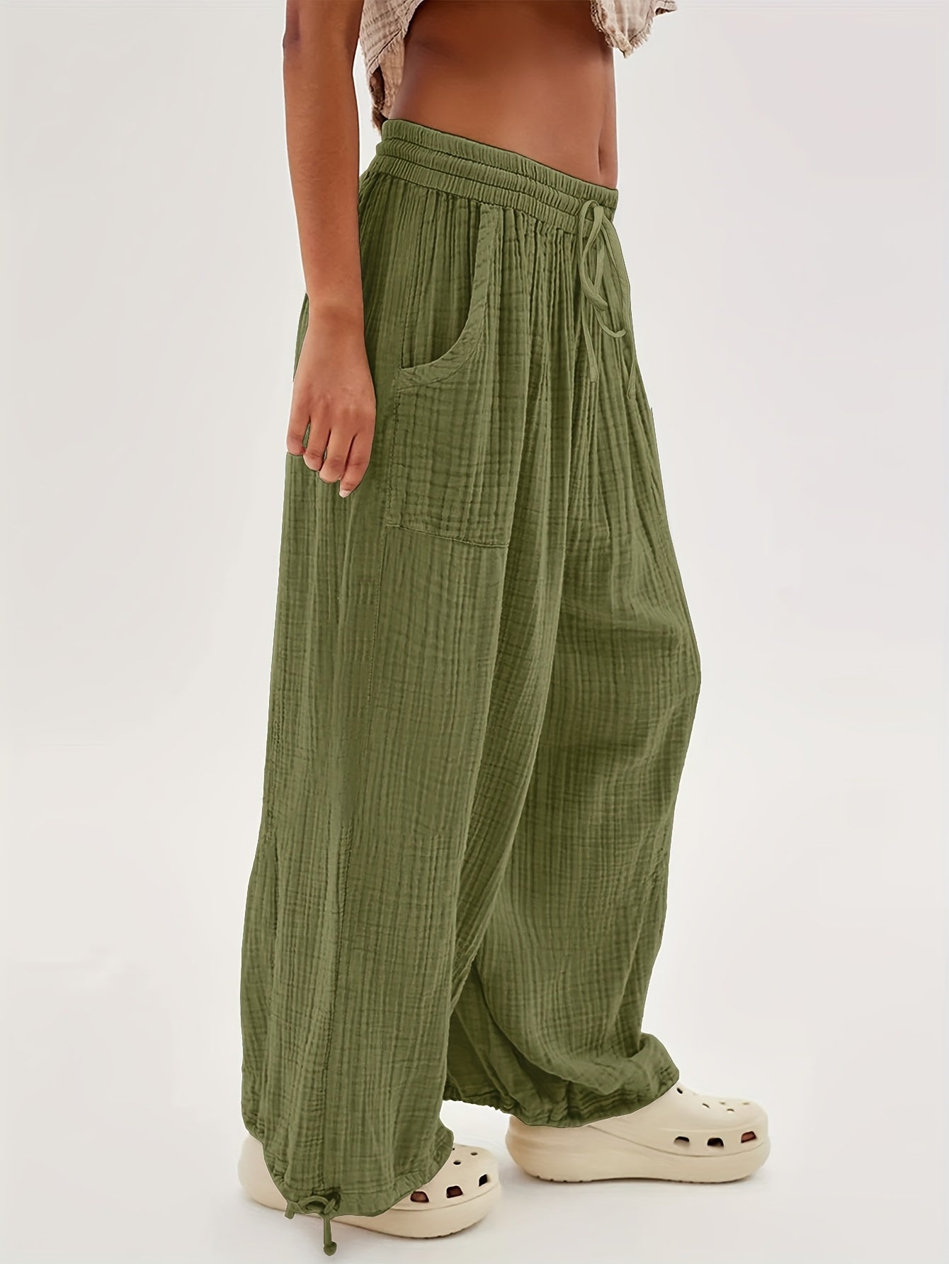 Chic Women's Loose Trousers with Diagonal Pockets and Lace-up Design