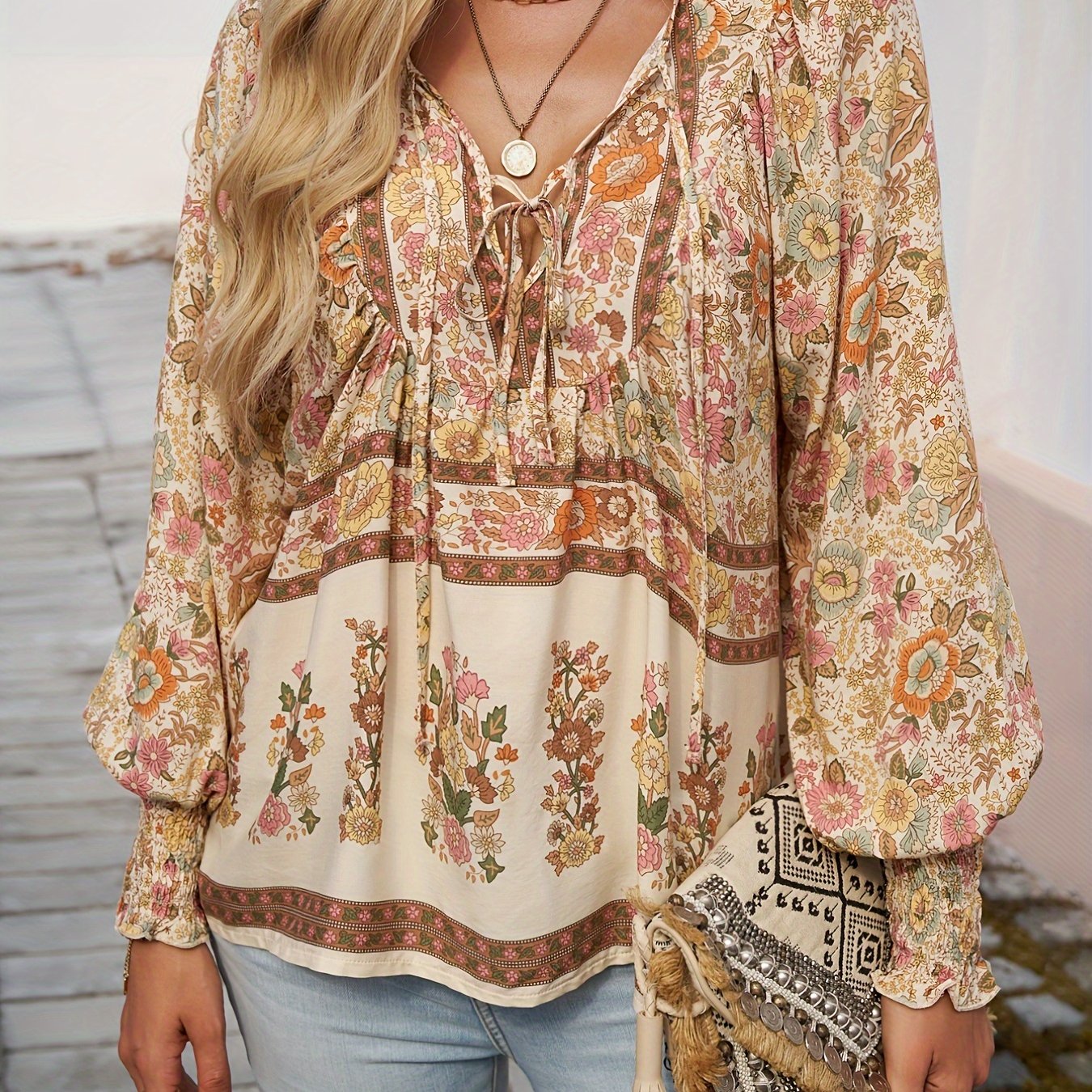 Floral Print V Neck Blouse With Drawstring Long Sleeves