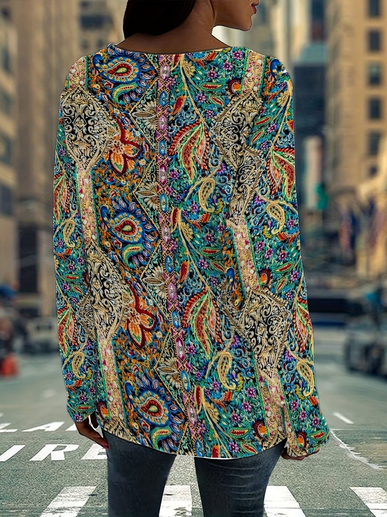 Women's Floral Print V-Neck Long Sleeve Blouse for Everyday Wear