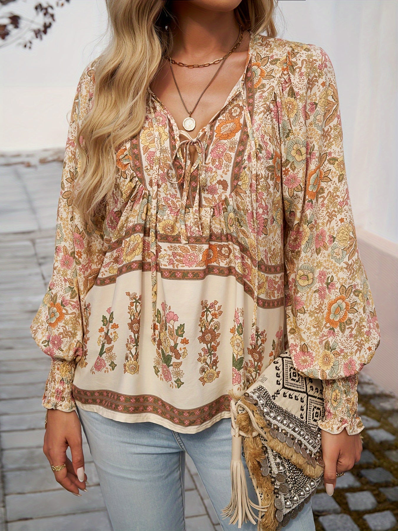 Floral Print V Neck Blouse With Drawstring Long Sleeves