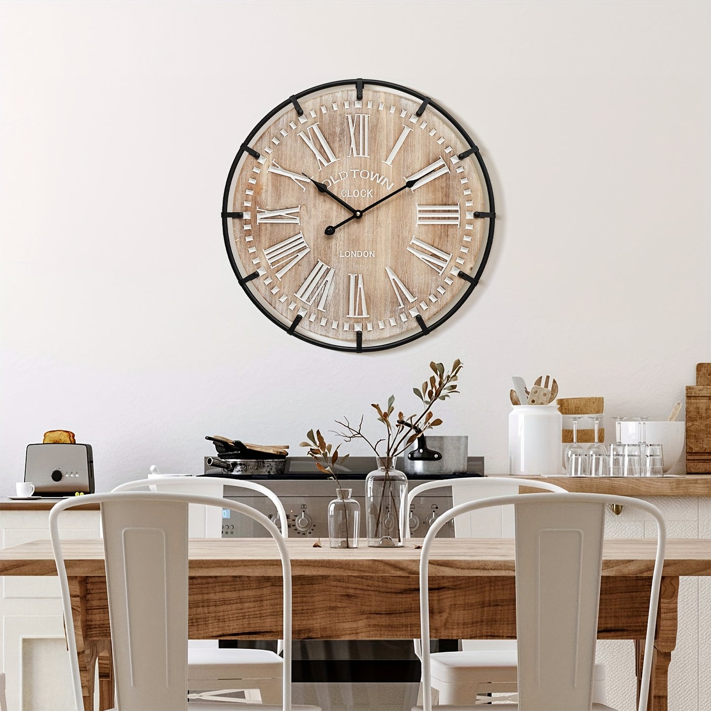 Silent Metal Frame Wall Clock with Engraved Wooden Numbers