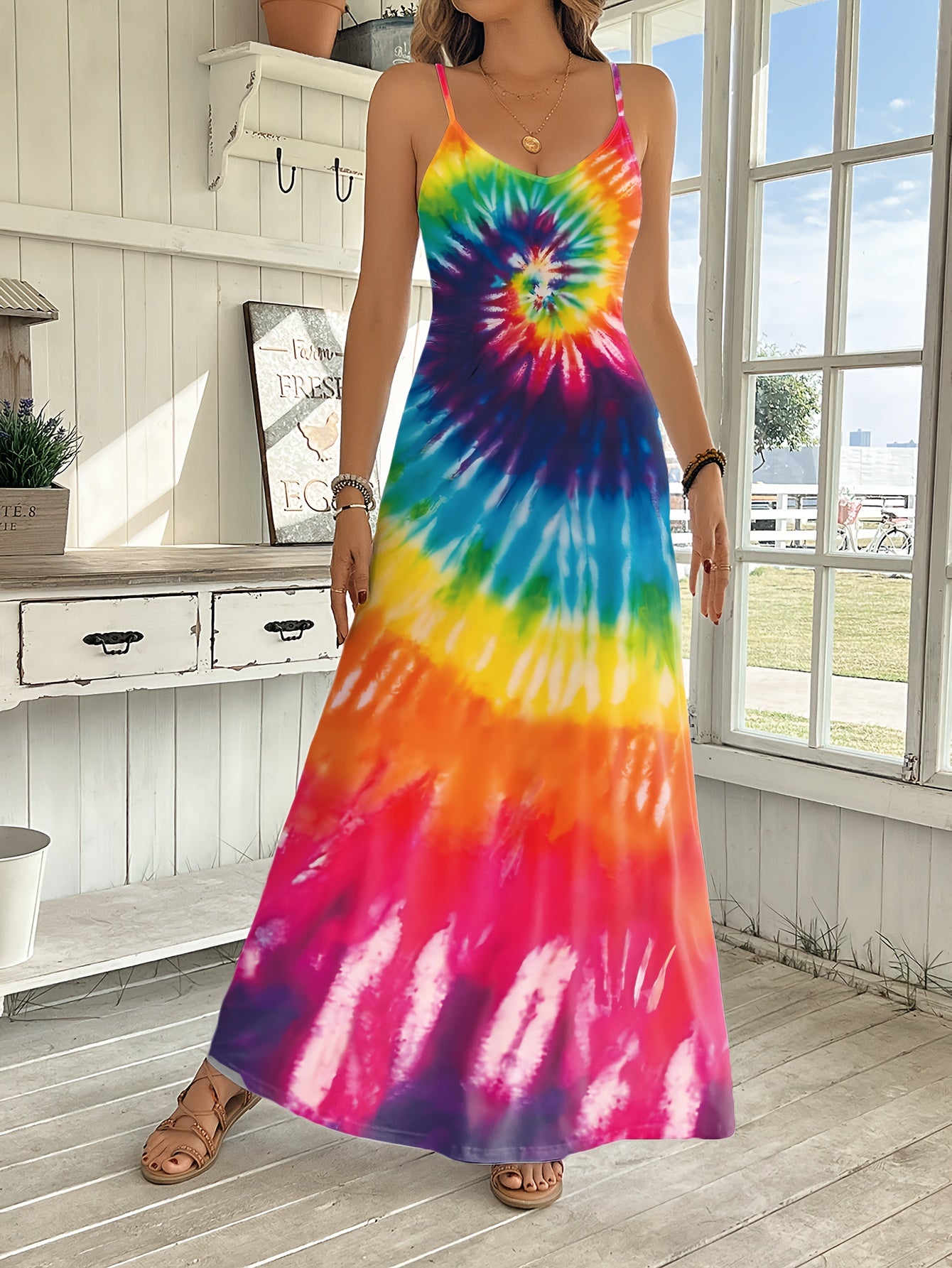 Ladies Fashionable Tie Dye Suspender Dress for Spring Summer