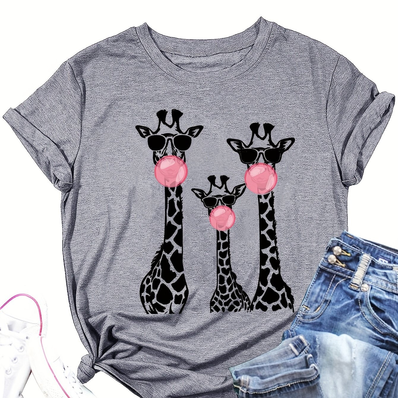 Womens Giraffe Print Casual T-Shirt for Spring and Summer