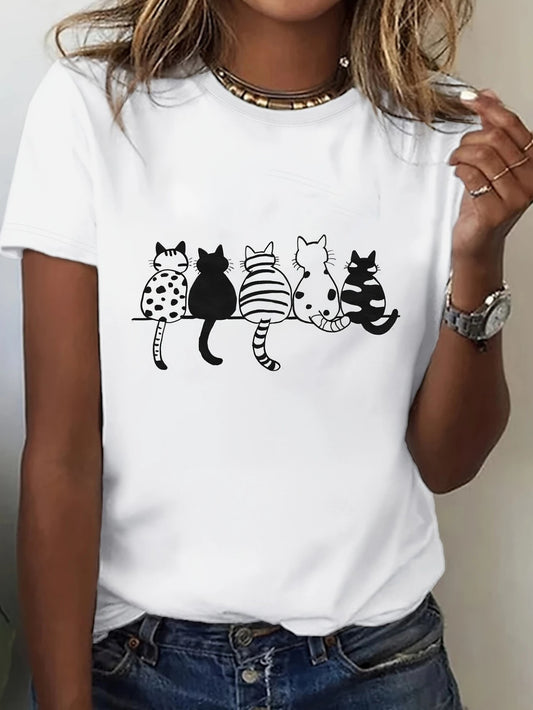 Women's Cartoon Cat Graphic Cotton T-Shirt for Casual Wear