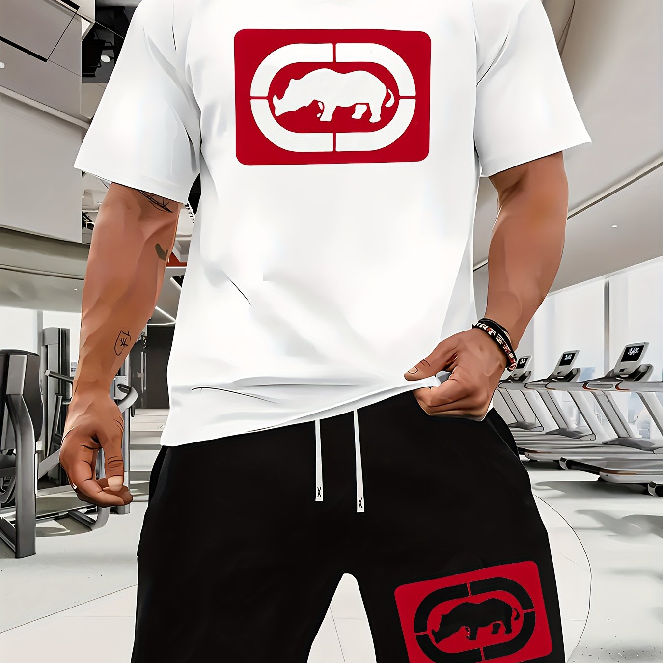 Men's Casual Rhino Badge Print T-Shirt and Shorts Set