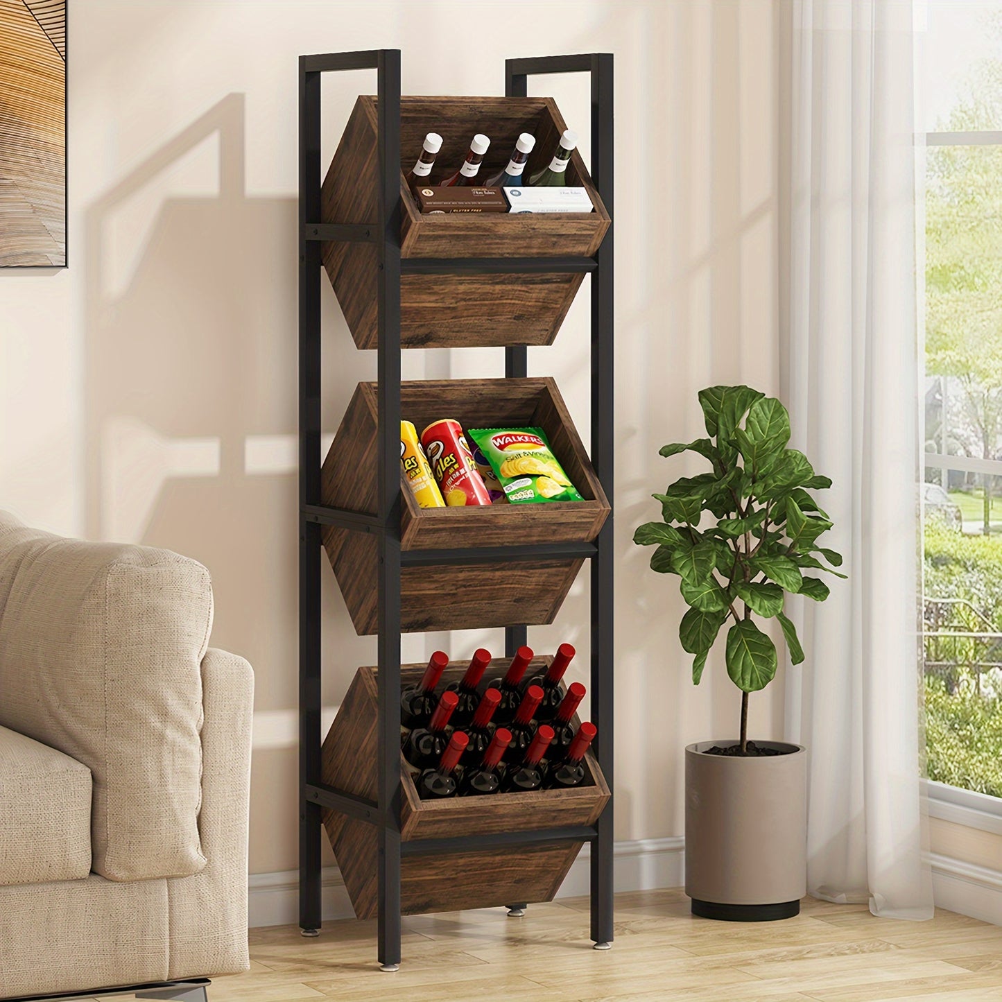 Rustic Wood Basket Stand with Black Metal Frame for Storage