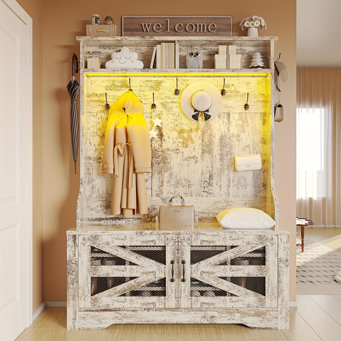 5-in-1 Hall Tree Bench with Shoe Storage and Coat Hooks