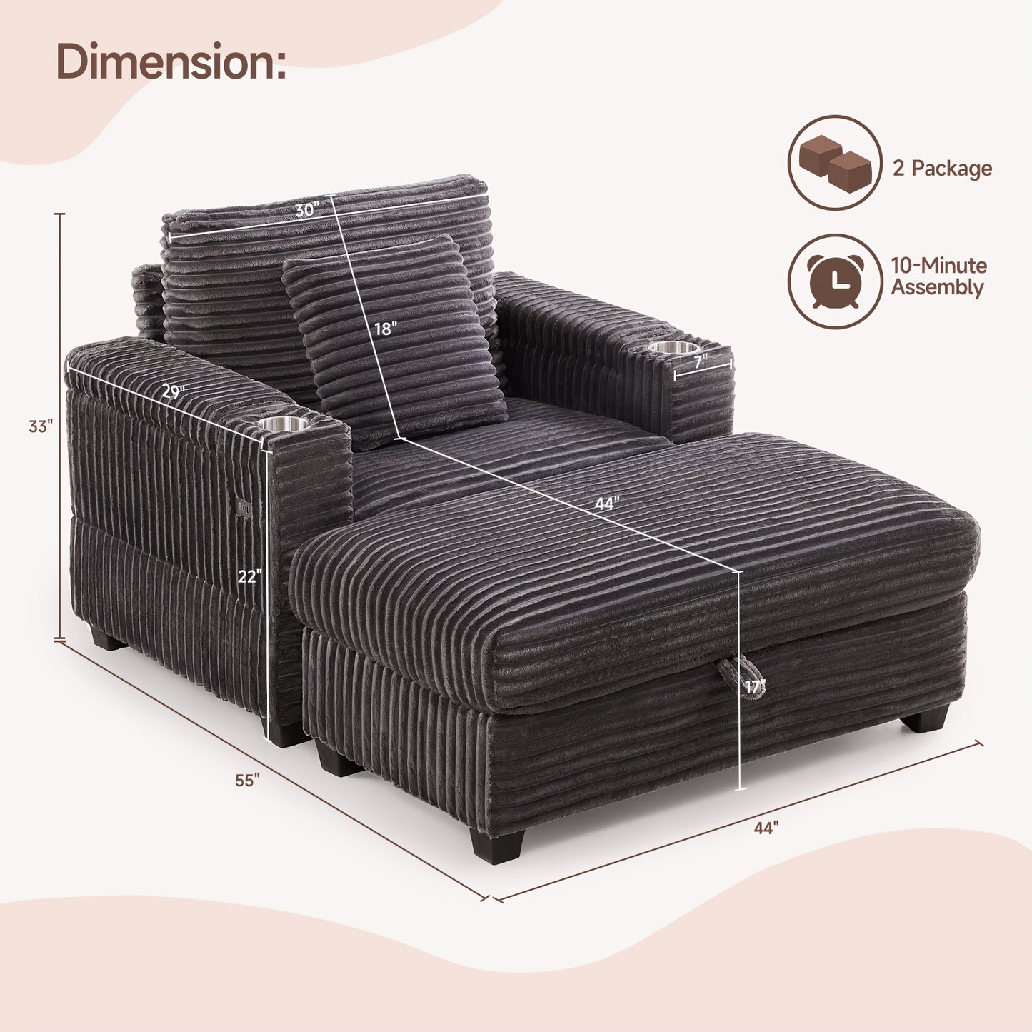 Modern Corduroy Reading Chair With Storage Ottoman And USB