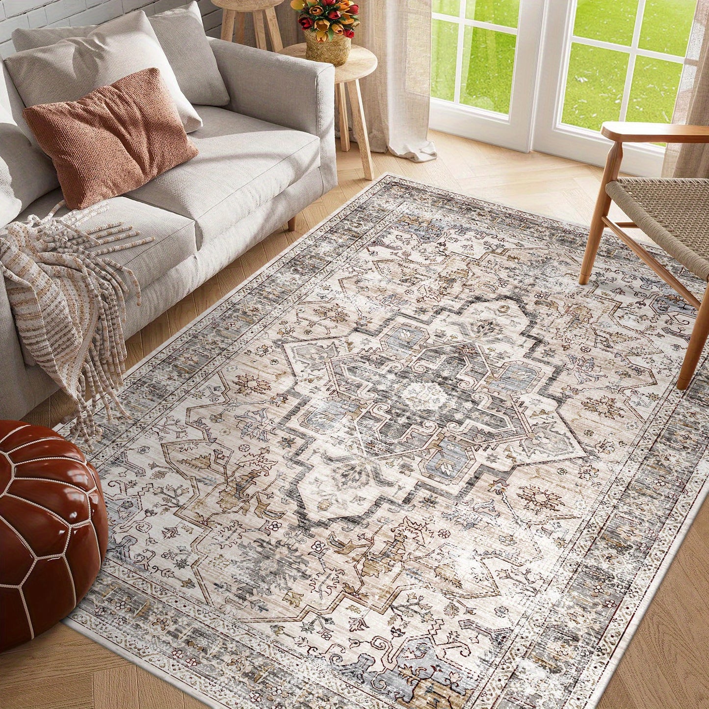 Bohemian Beige Washable Area Rugs for Living Room and Bedroom