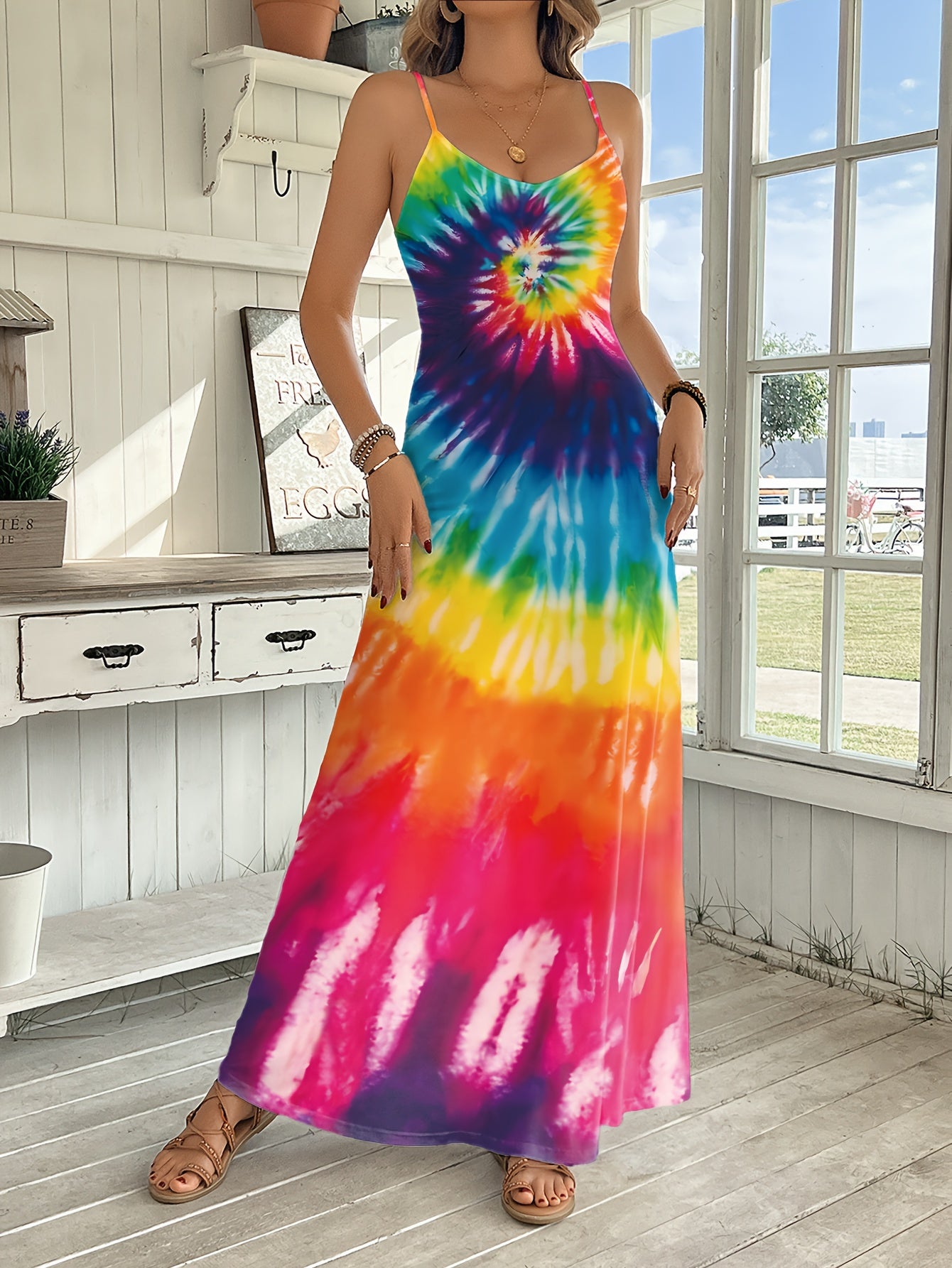 Ladies Fashionable Tie Dye Suspender Dress for Spring Summer