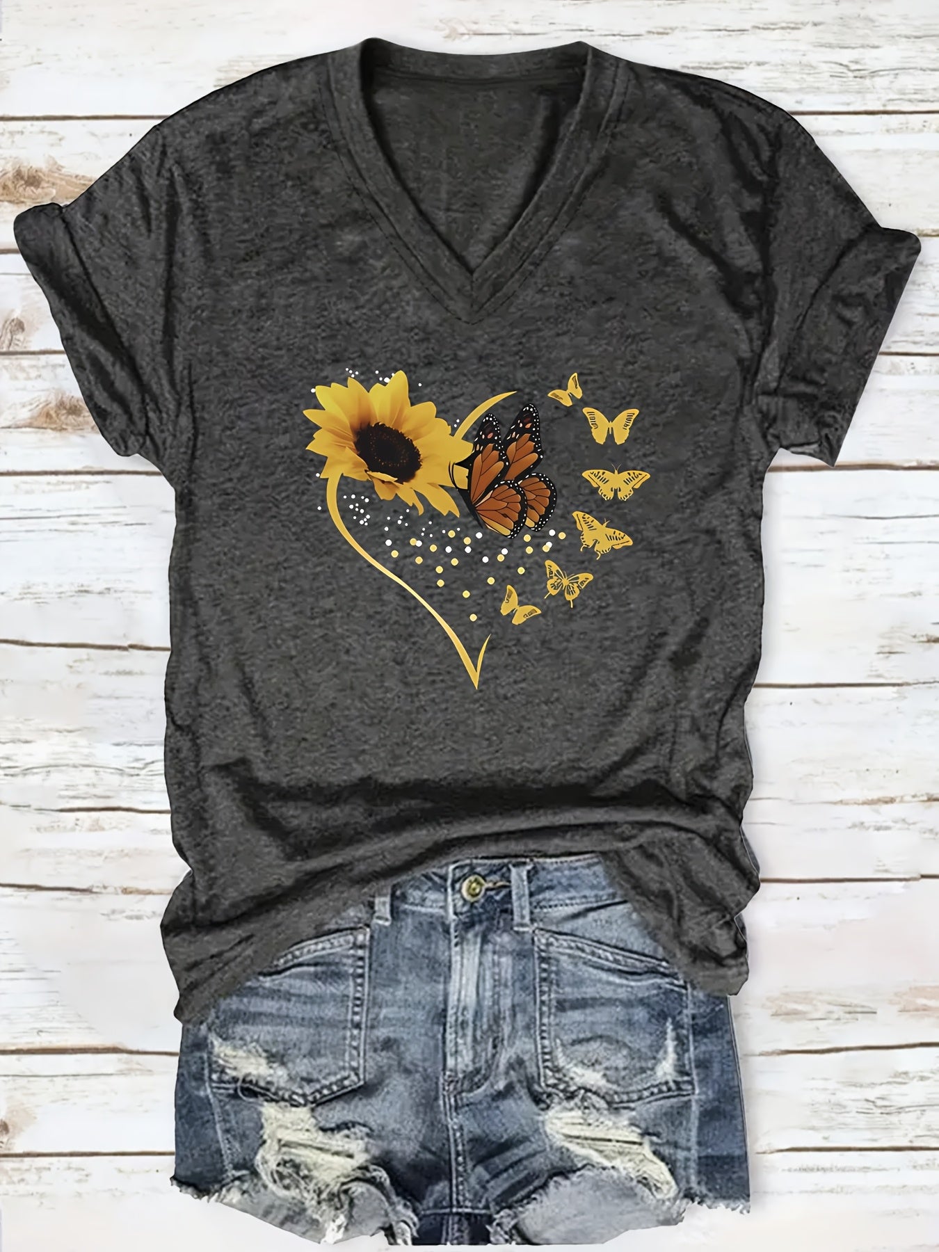 Women's V-Neck Sunflower Butterfly Print Casual T-Shirt