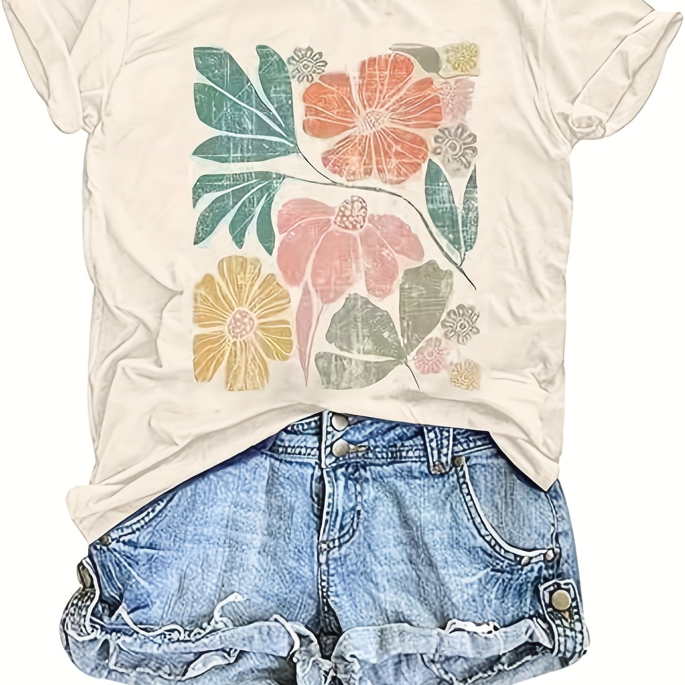 Floral Print Crew Neck T-Shirt for Women Casual Style