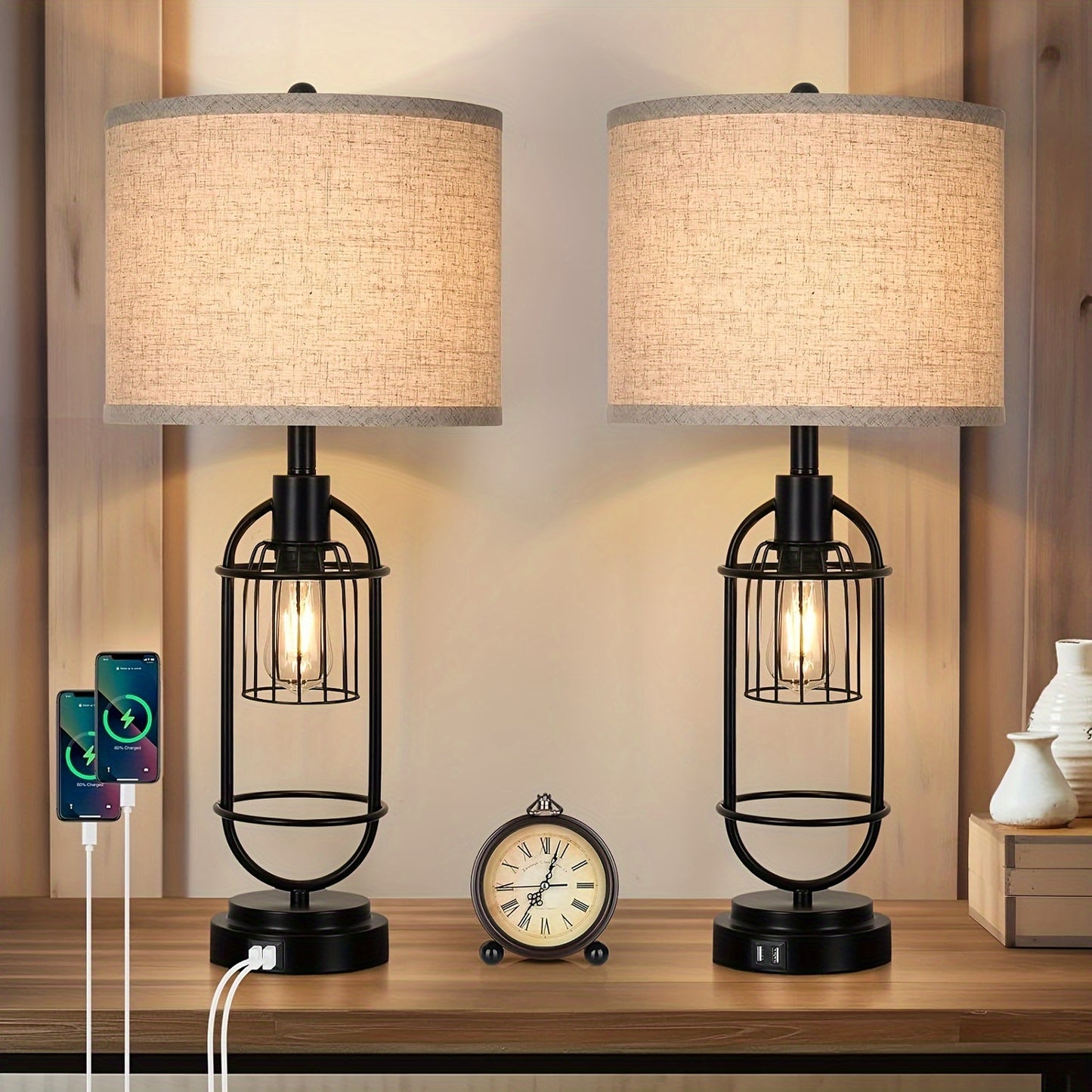 Two USB Table Lamps Farmhouse Bedside Lights For Living