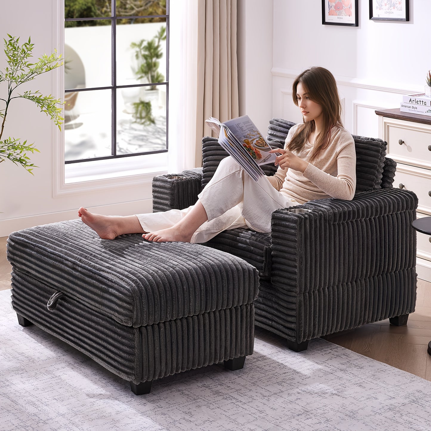 Modern Corduroy Reading Chair With Storage Ottoman And USB