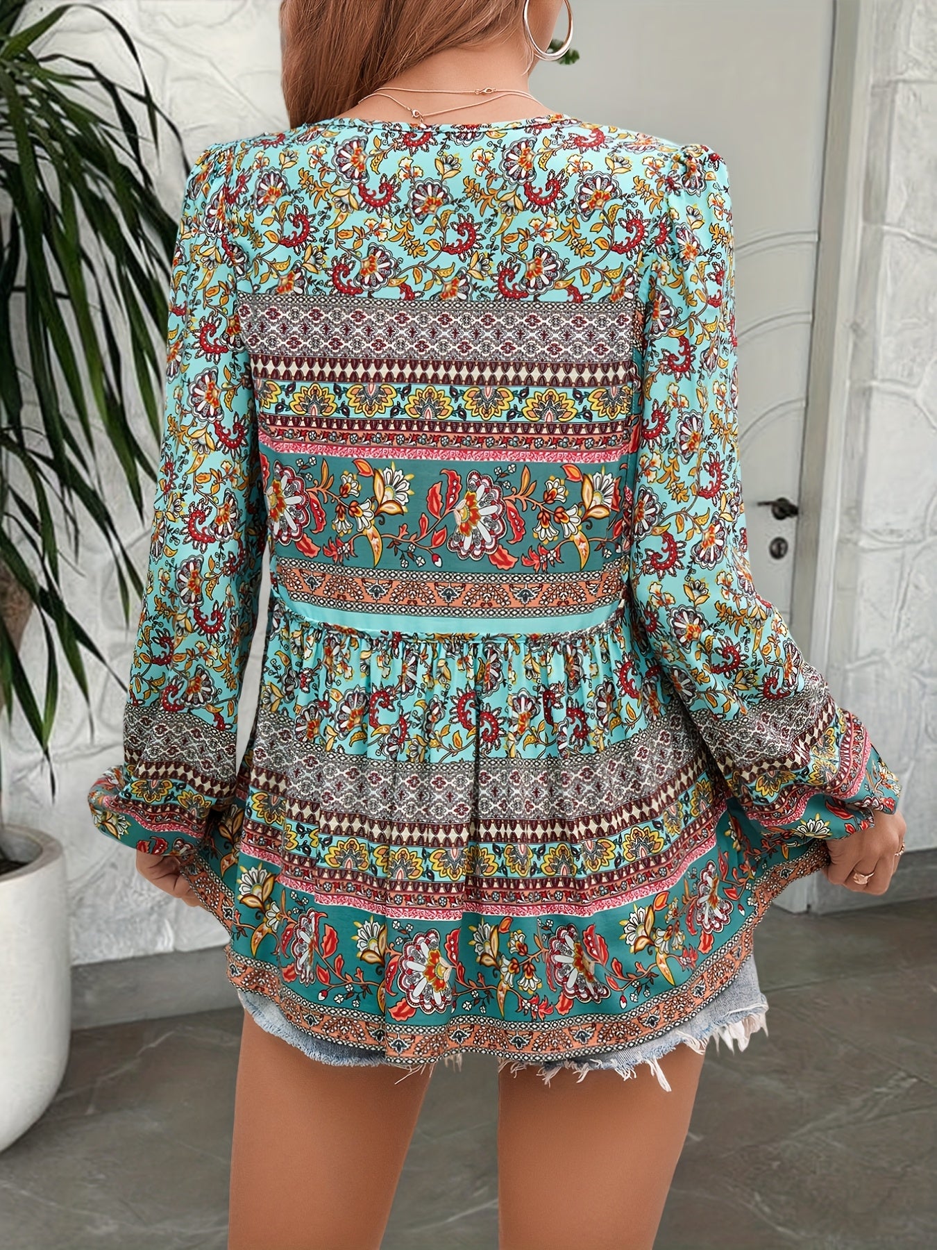 Bohemian Print Lace-Up Tassel Shirt for Women