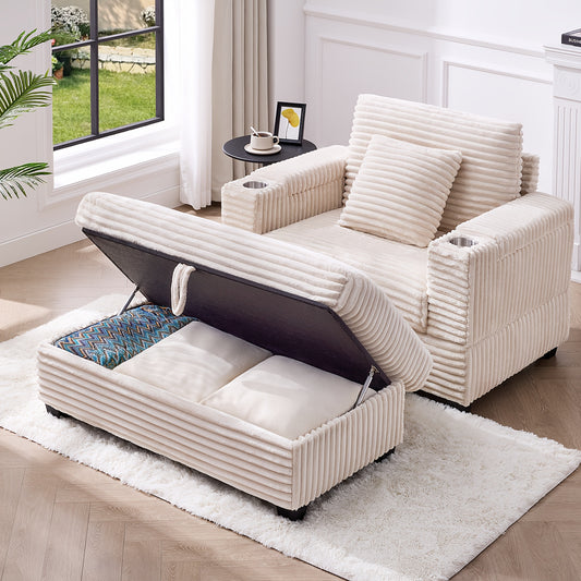 Modern Corduroy Reading Chair With Storage Ottoman And USB