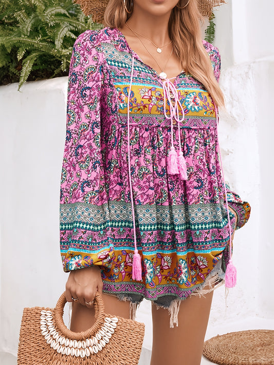 Bohemian Print Lace-Up Tassel Shirt for Women