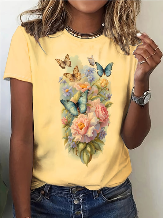 Women's Floral Butterfly Print Casual Crew Neck T-Shirt