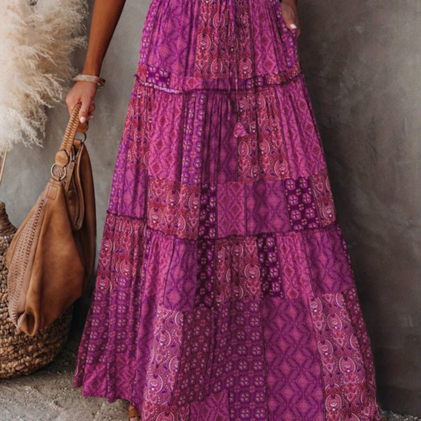 Women's Bohemian Maxi Skirt with Pockets and Vibrant Pattern