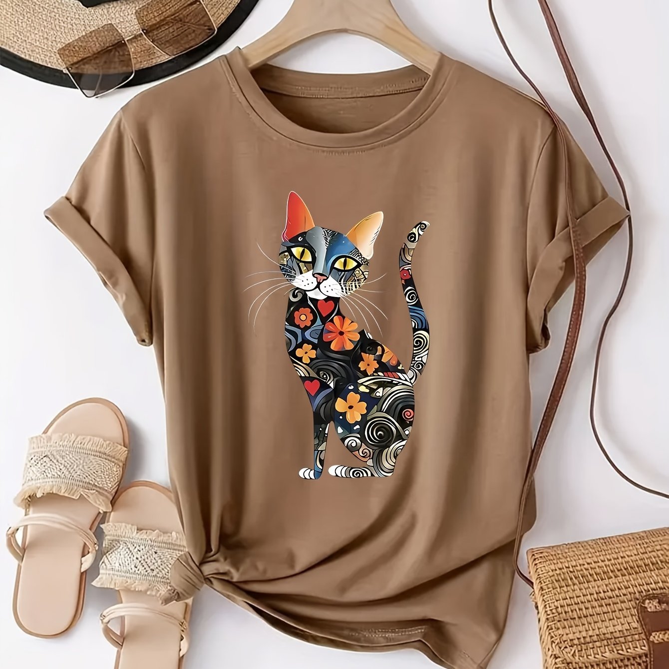 Watercolor Cat Printed Casual T-Shirt for Women