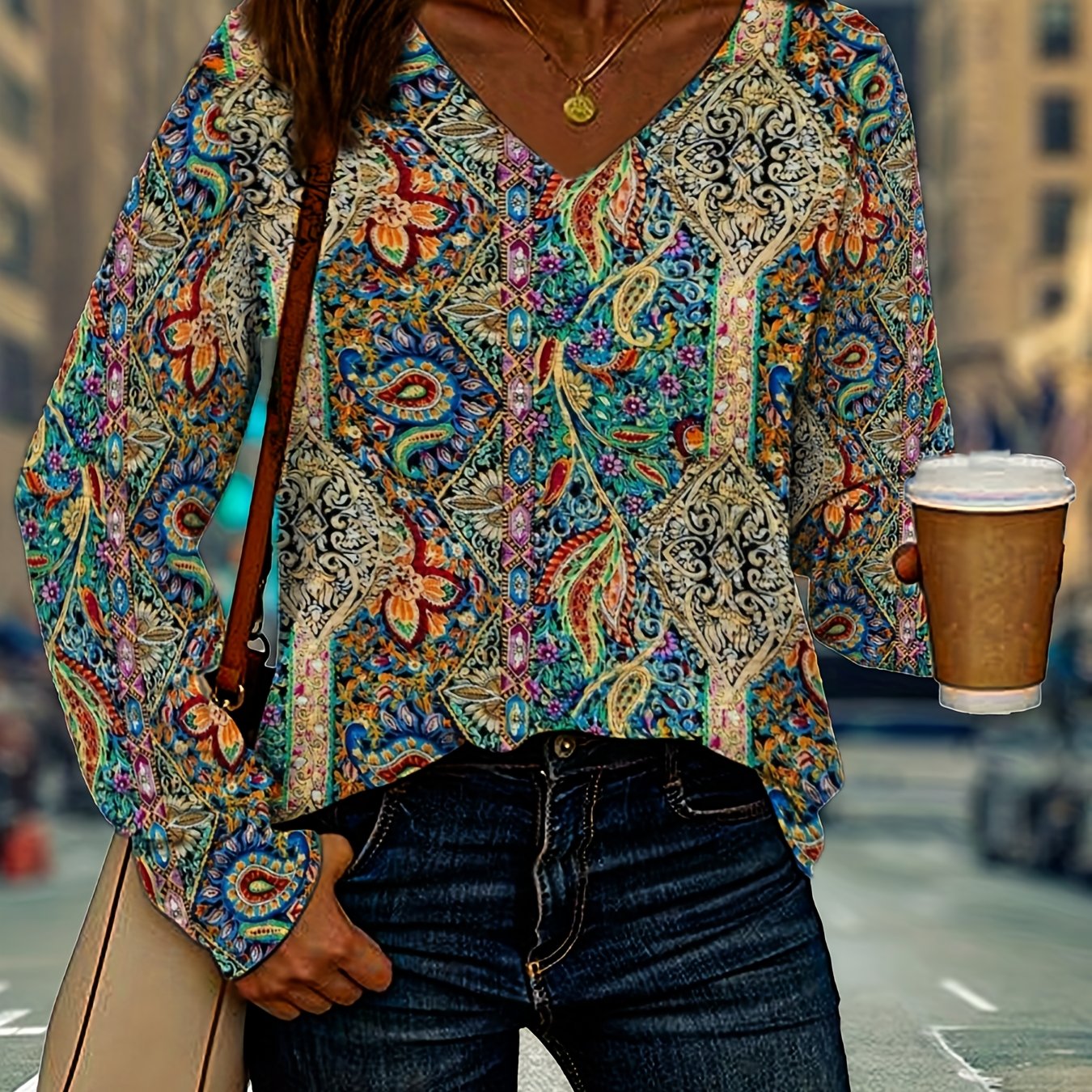 Women's Floral Print V-Neck Long Sleeve Blouse for Everyday Wear