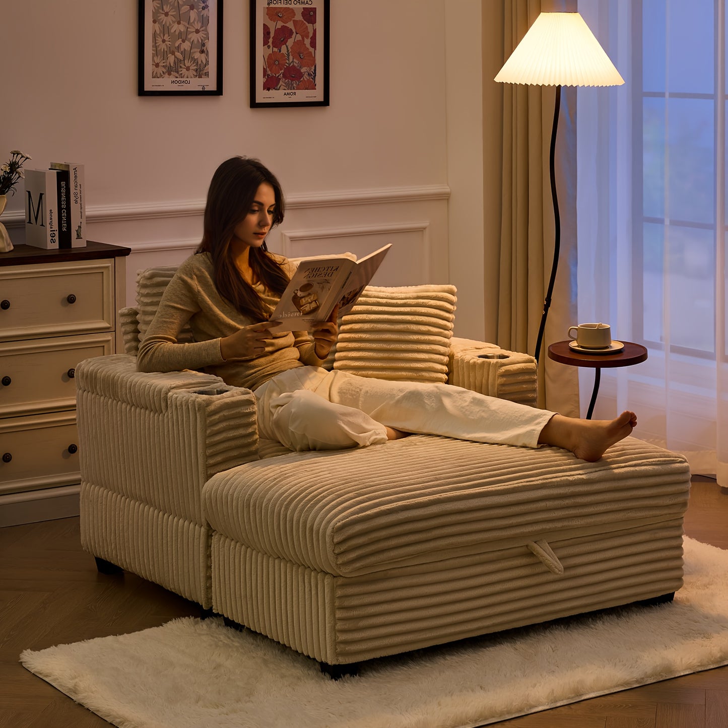Modern Corduroy Reading Chair With Storage Ottoman And USB