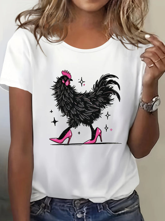 Women's Cartoon Rooster Print Cotton T-Shirt for Casual Wear