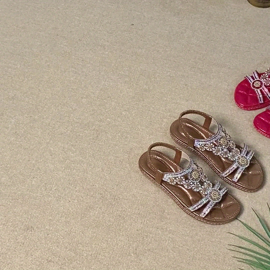 Bohemian Floral Rhinestone Women's Flat Sandals for Beach Wear