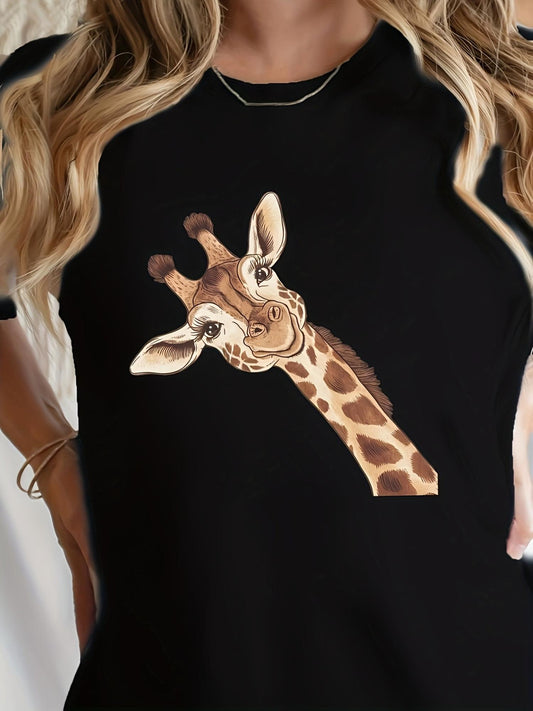 Giraffe Print Casual Round Neck T-Shirt for Women