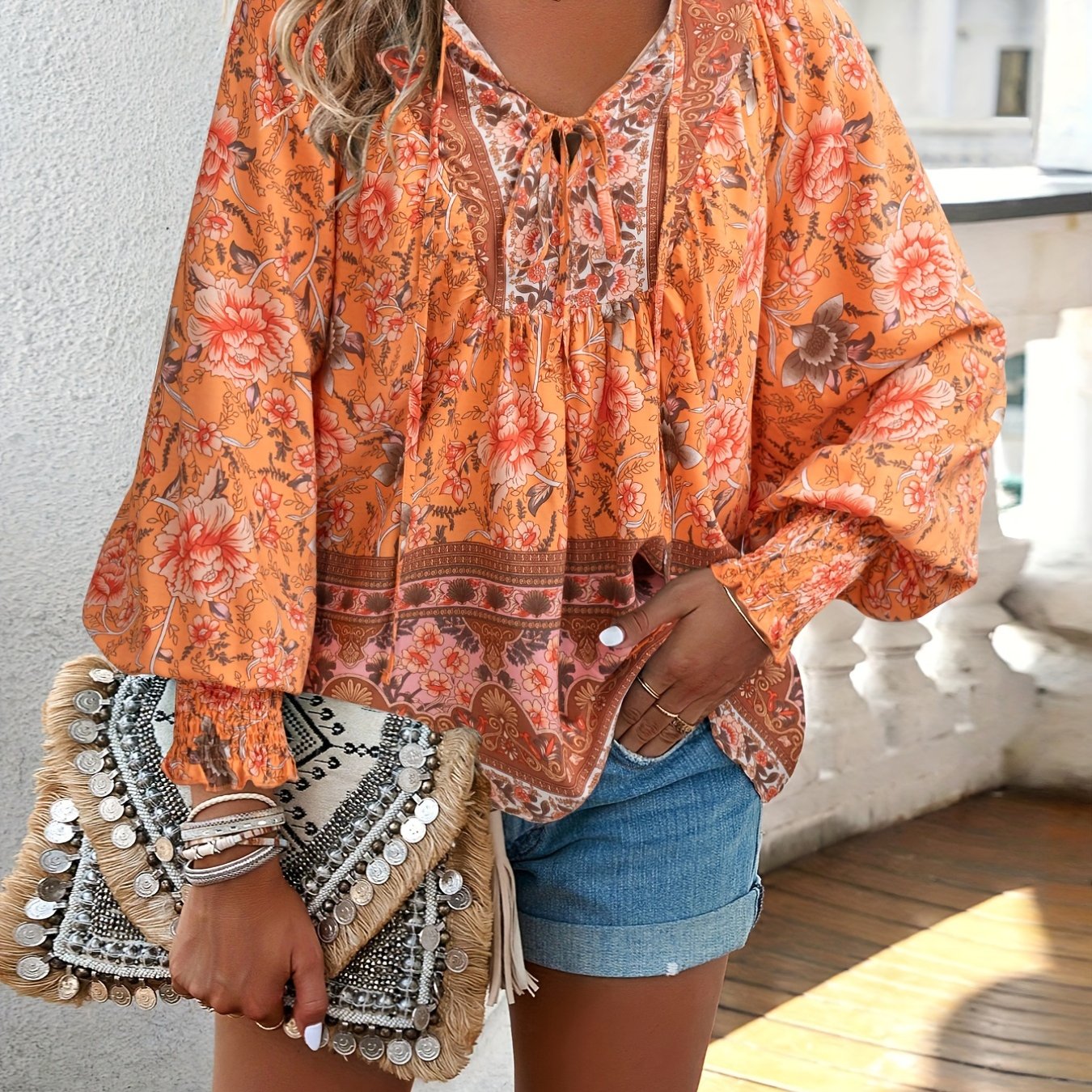 Floral Print V Neck Blouse With Drawstring Long Sleeves