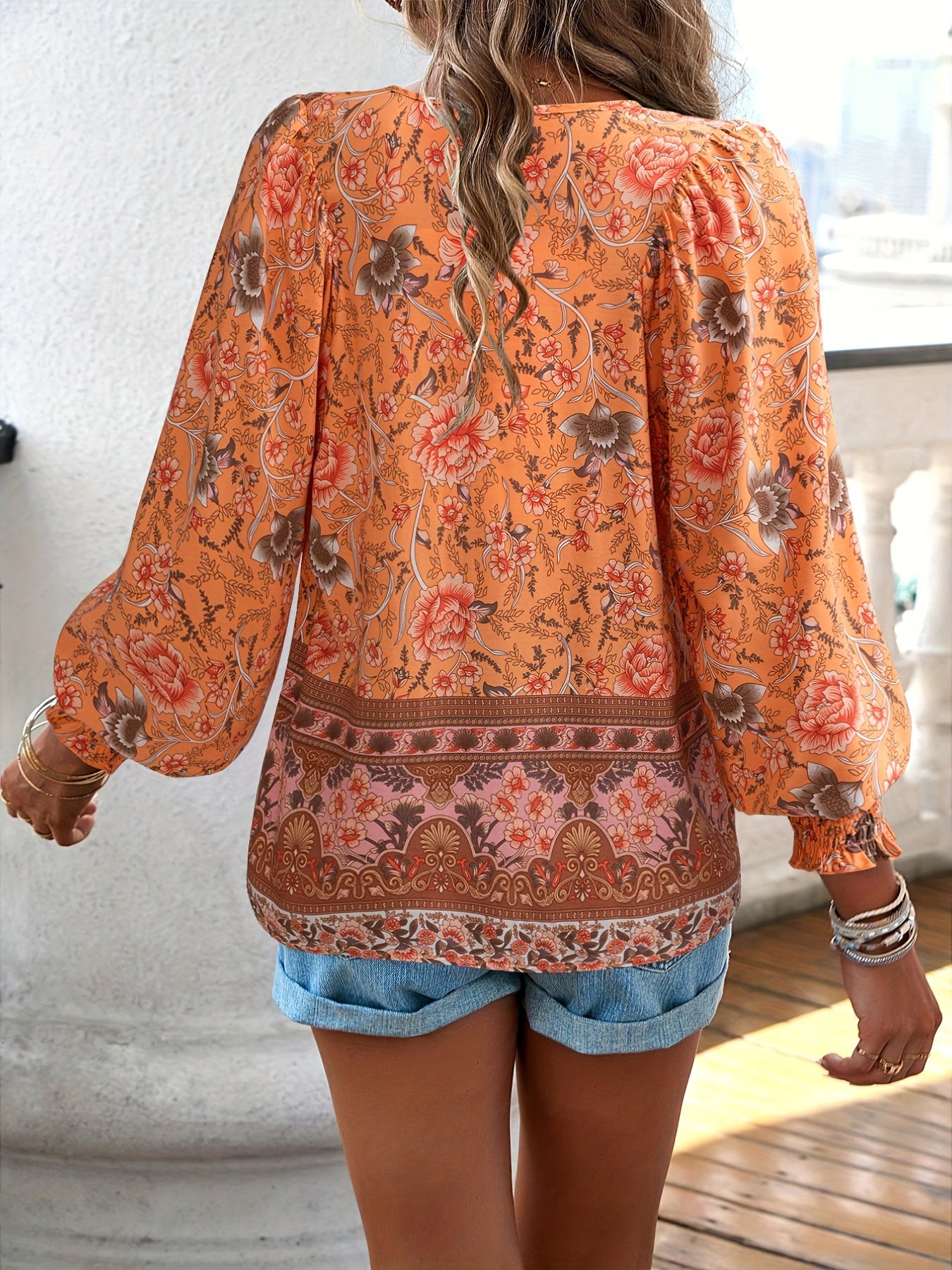 Floral Print V Neck Blouse With Drawstring Long Sleeves