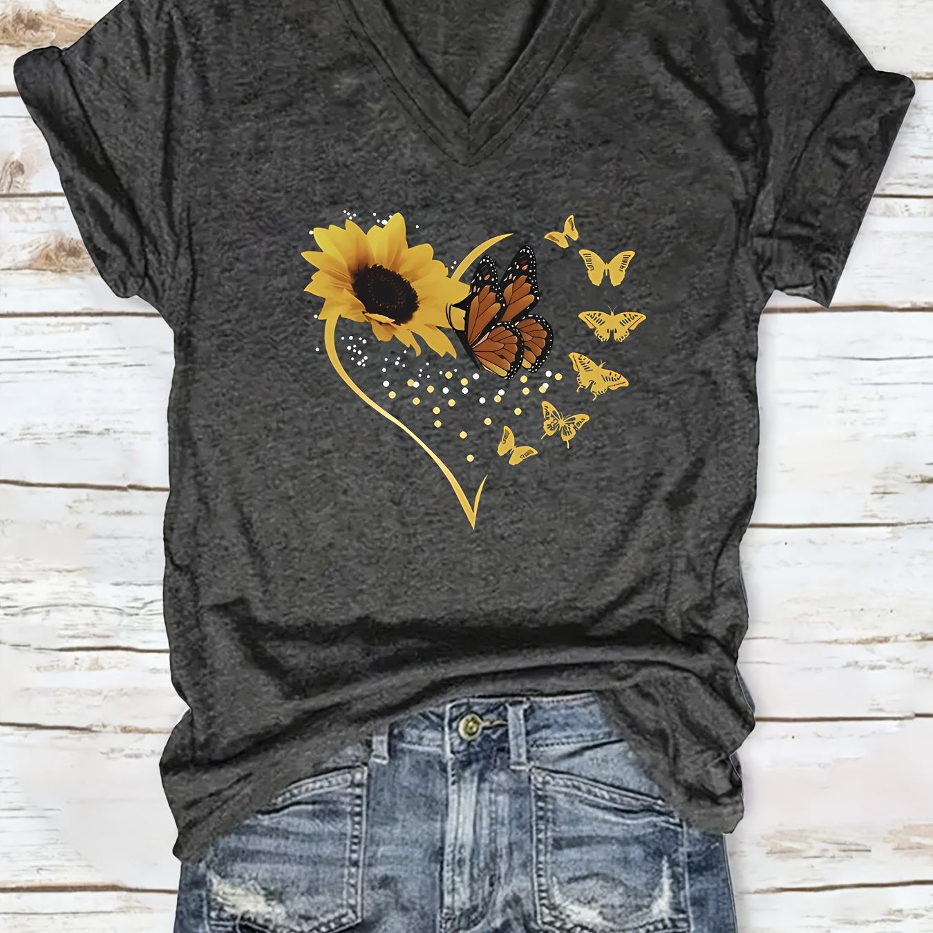 Women's V-Neck Sunflower Butterfly Print Casual T-Shirt