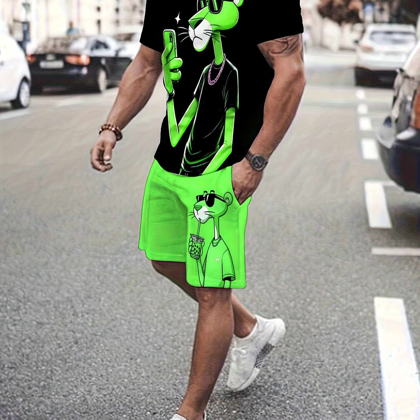 Men's 2pcs Casual 3D Leopard Print Sportswear Set