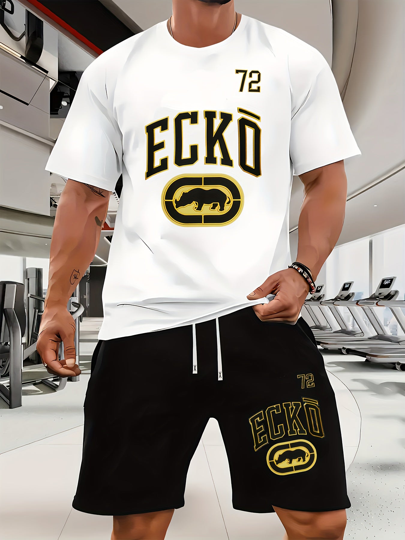 Men's Casual Rhino Badge Print T-Shirt and Shorts Set