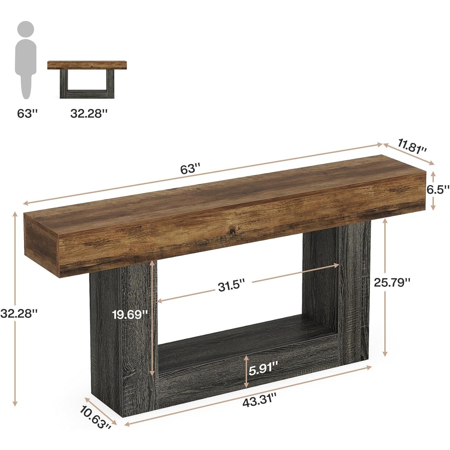 Farmhouse 2-Tier Console Table for Entryway and Living Room