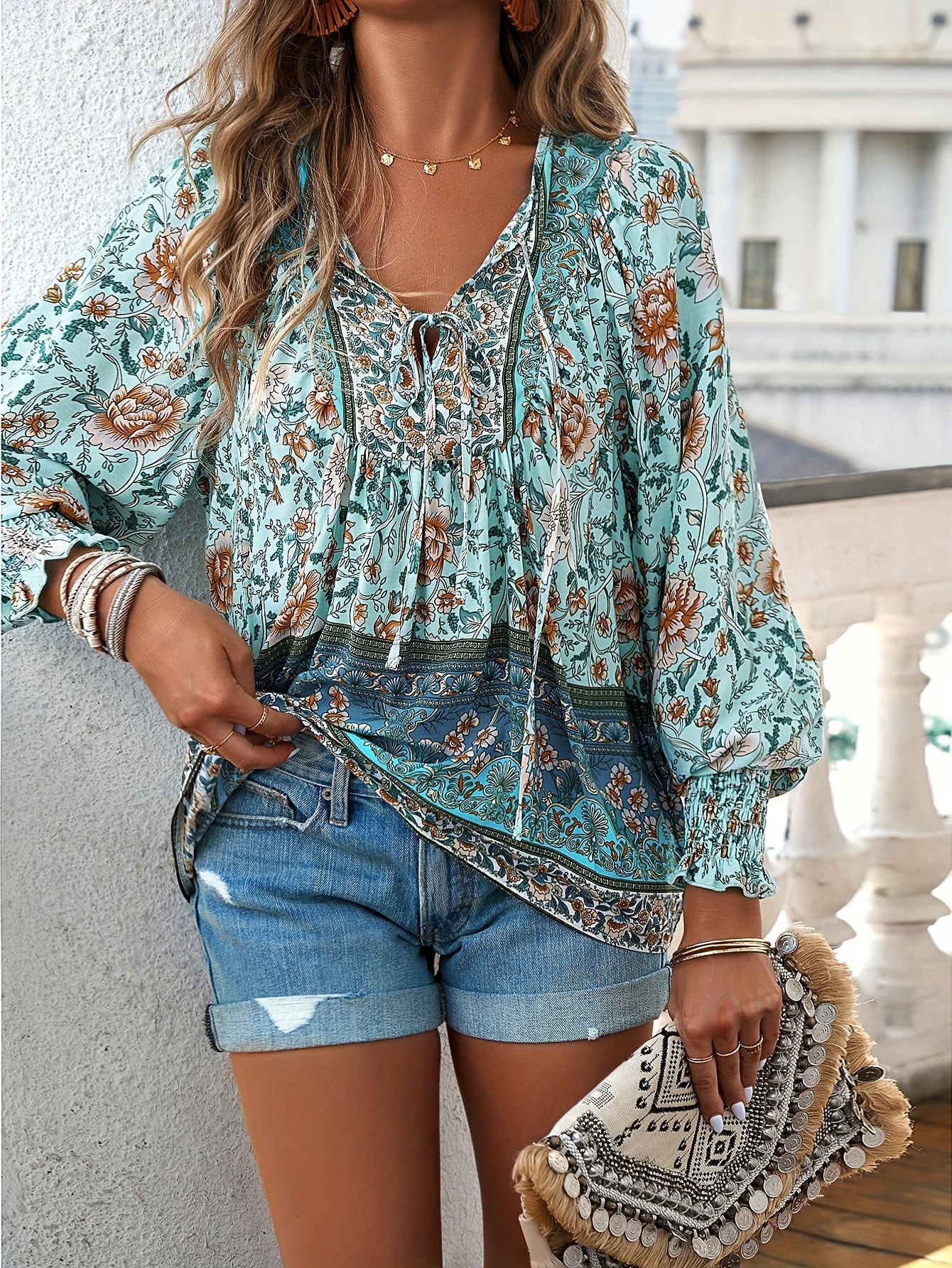 Bohemian Floral Print Plus Size V-Neck Shirt for Summer