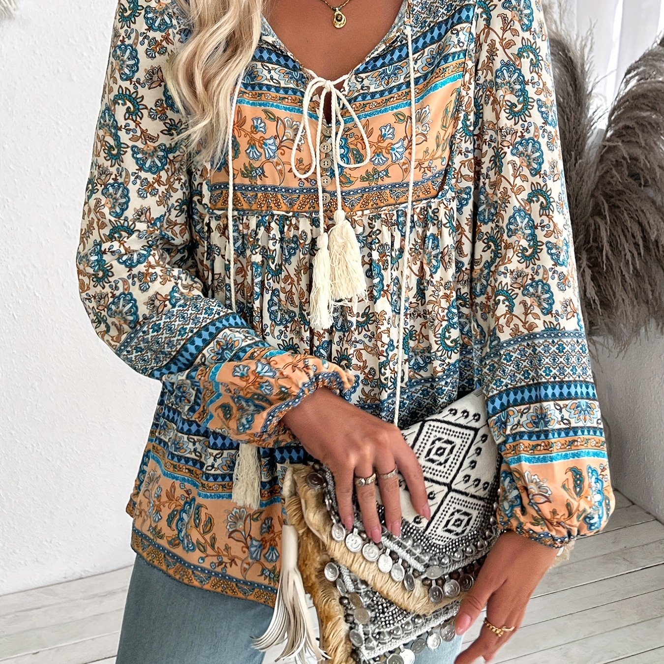 Bohemian Print Lace-Up Tassel Shirt for Women
