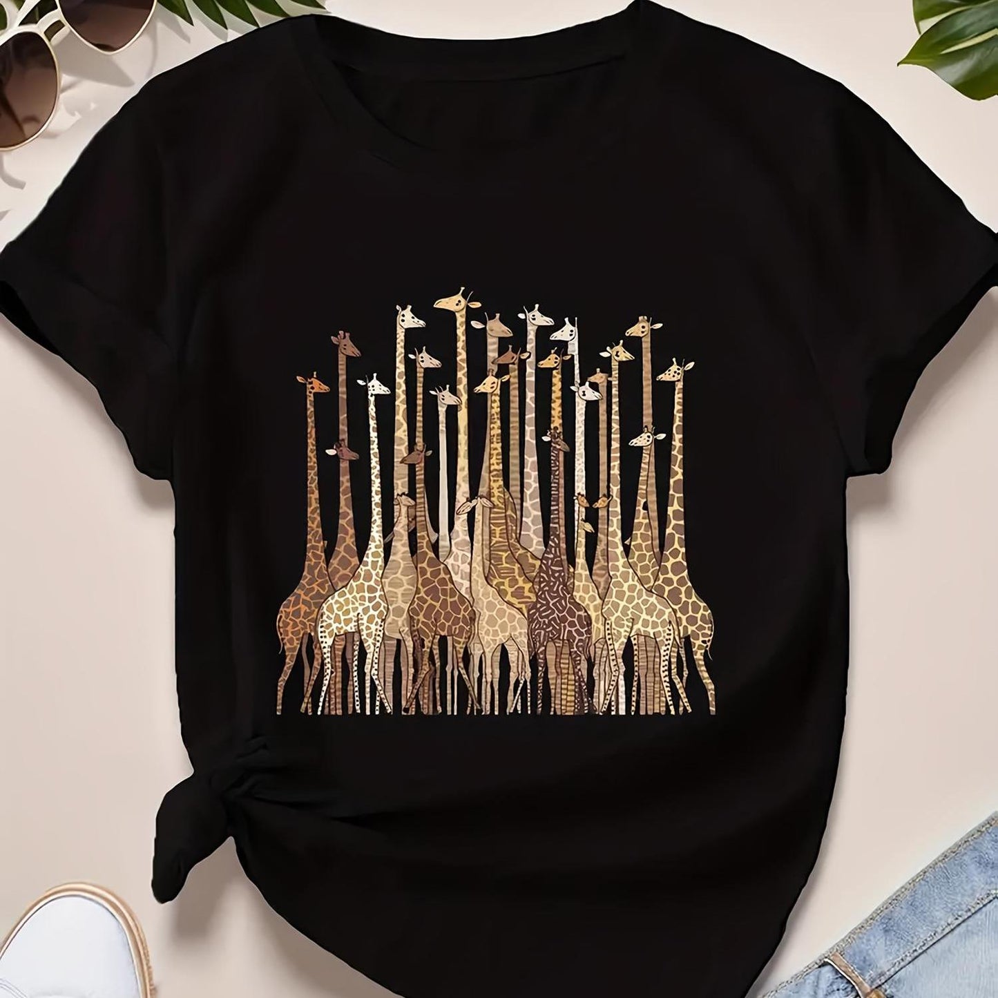 Women's Casual Giraffe Print Black T-Shirt for Everyday Wear