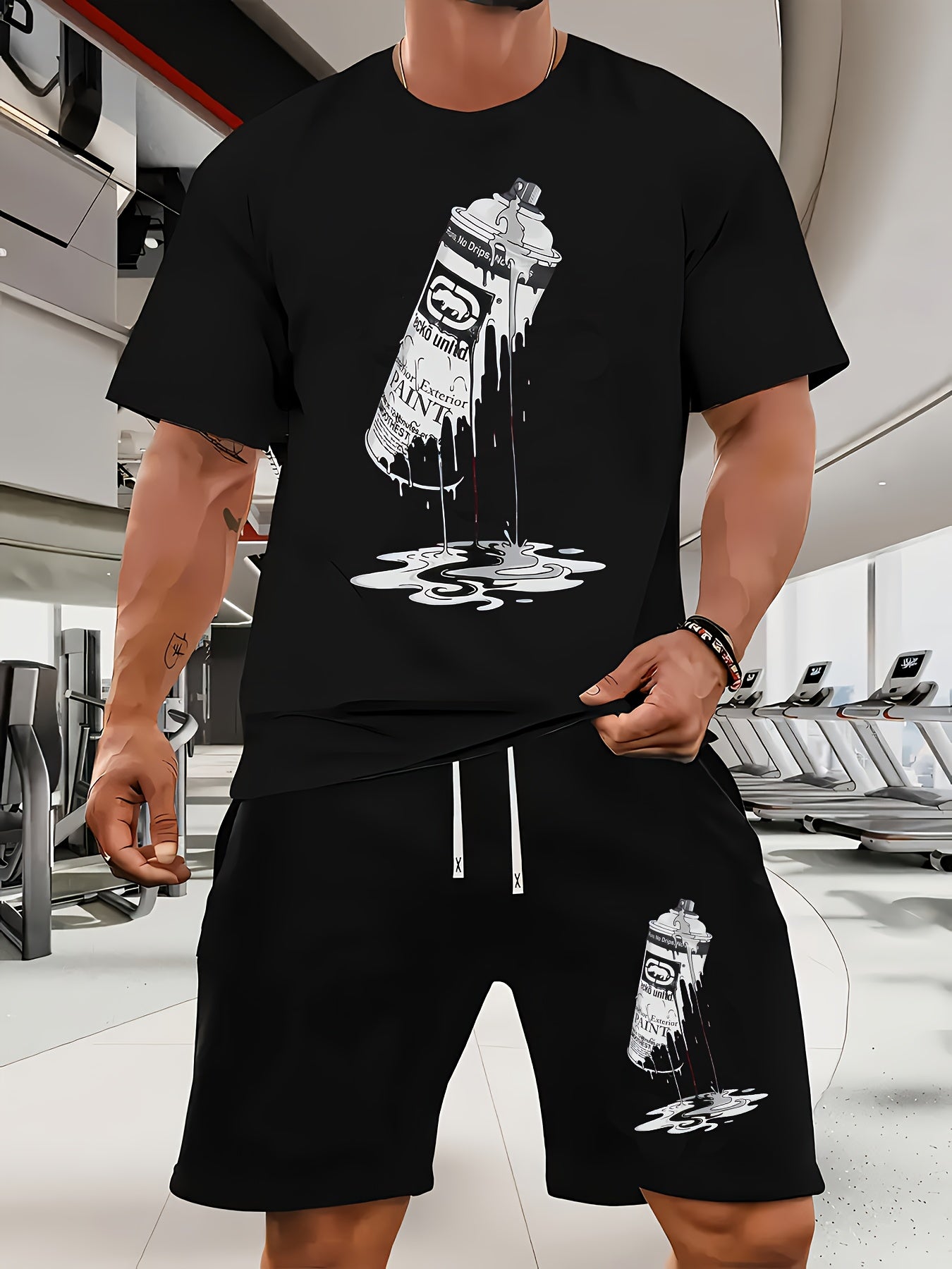 Men's Casual Rhino Badge Print T-Shirt and Shorts Set