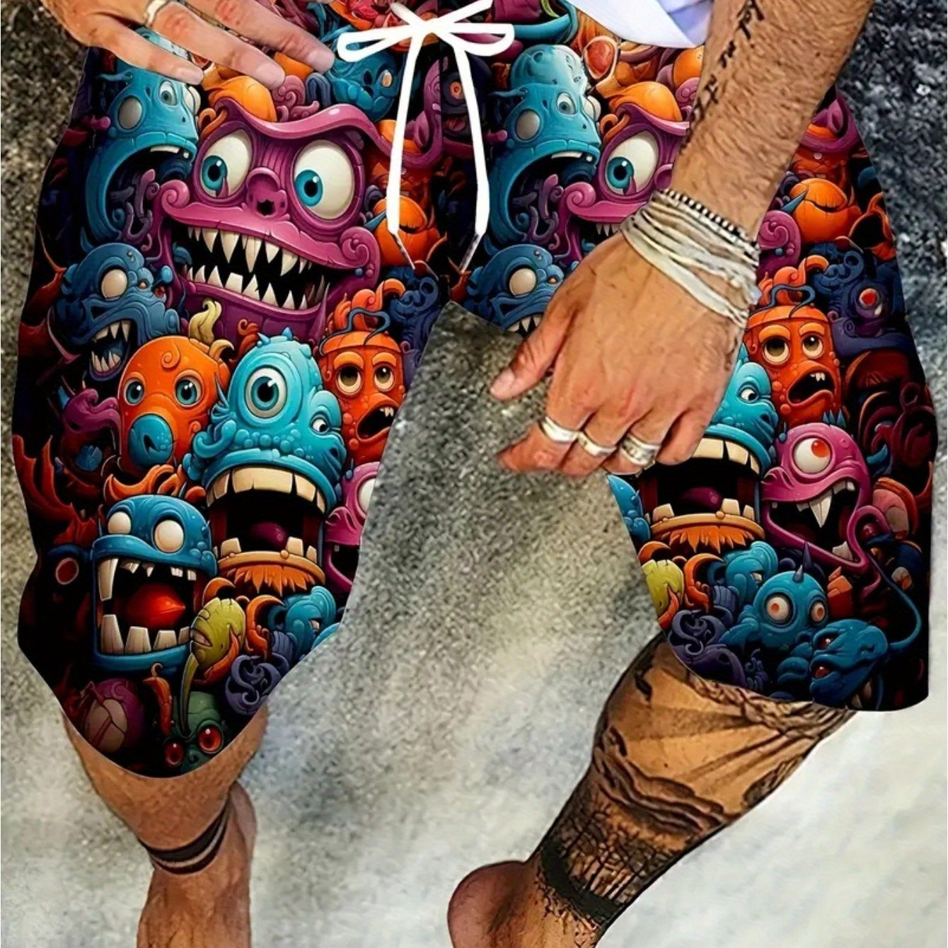 Men's Plus Size Summer Drawstring Shorts with Monster Print